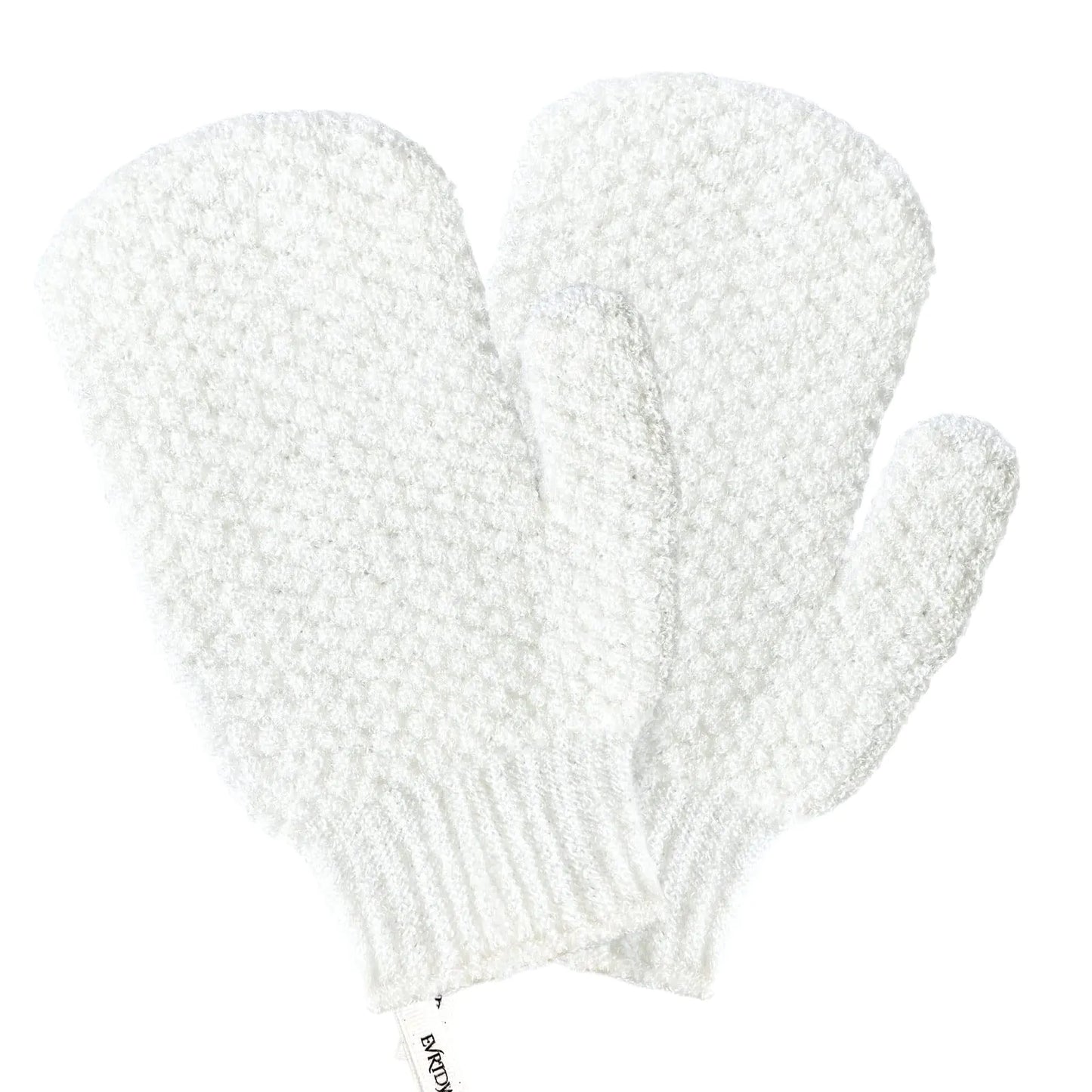 A pair of white nylon exfoliating mitts with a textured surface, designed for skin care.