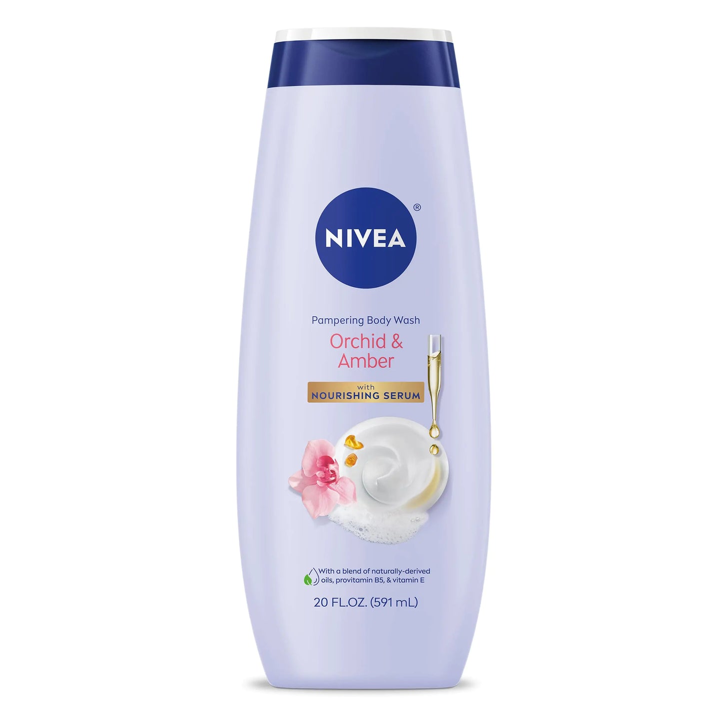 Nivea body wash bottle with orchid and amber fragrance on a white background