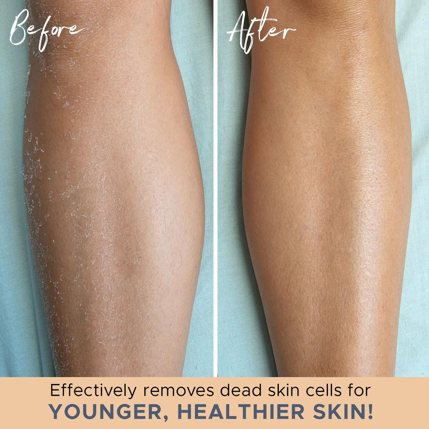 Before and after image of theBeauty by Earth Heavy Exfoliating Gloves with text.