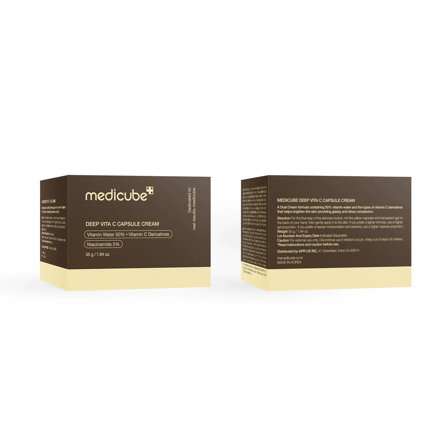 Two packages of Medicube Deep Vitamin C Golden Capsule Face Moisturiser, one standing upright and the other lying down, showing the product details on the front.