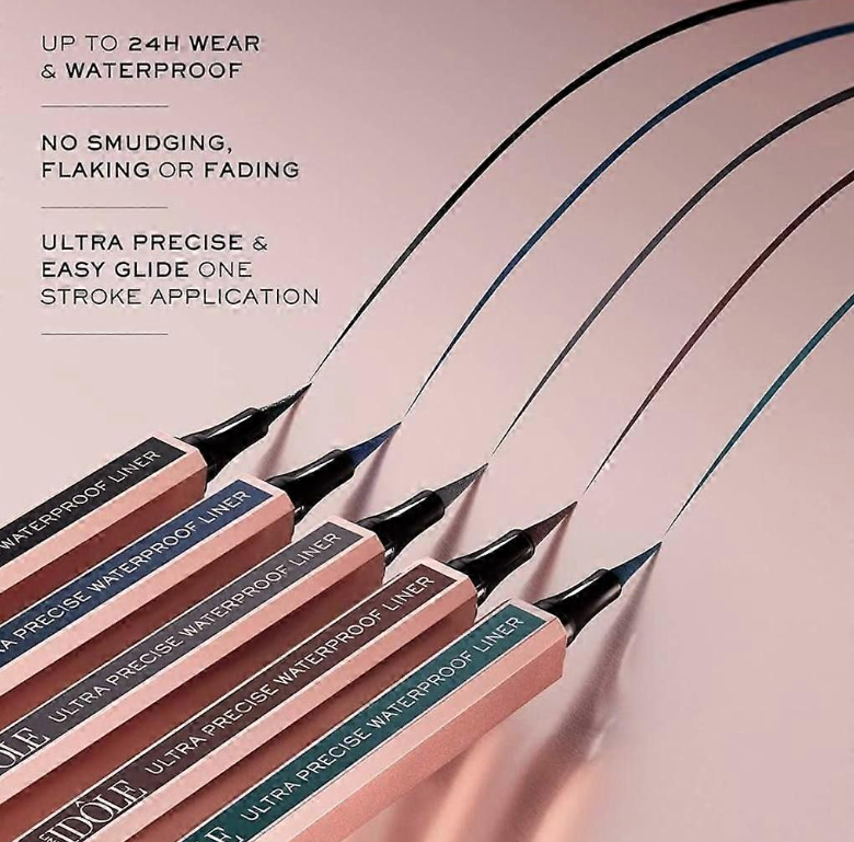 Lancome Idole Waterproof Liner Brown promotional image with text and different shades of Lancome Idole Waterproof Liner on a pink background.