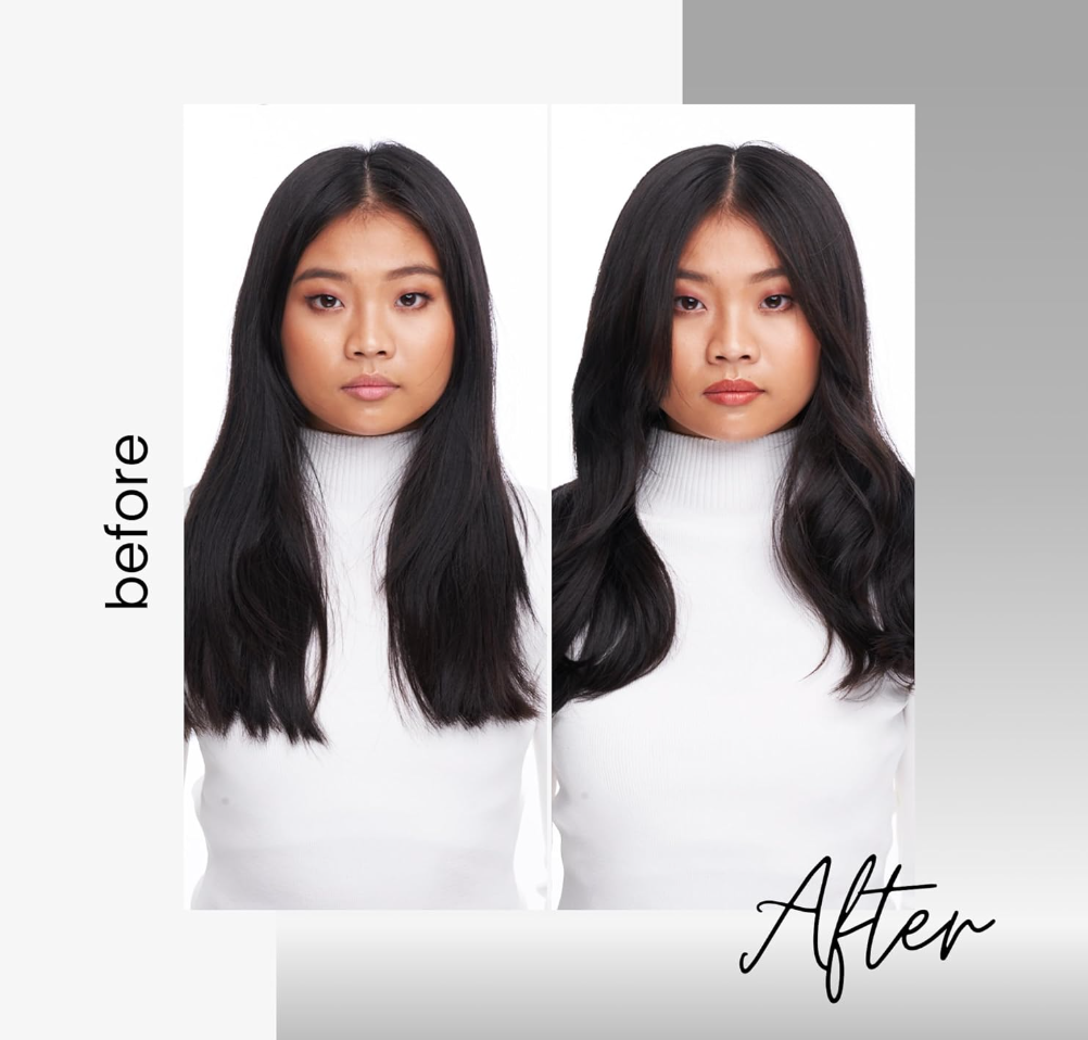 Kenra Platinum Blow-Dry before and after comparison with text on a light and dark grey background