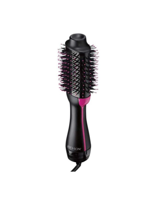 A Revlon One-Step Volumizer Original 1.0 Blowout Brush, which is a black brush with pink accents on a white background side angle.