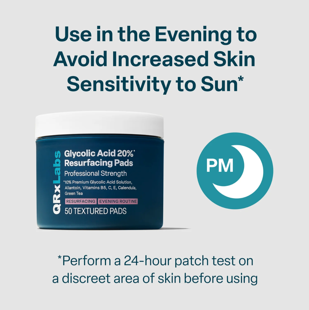 Container of glycolic acid resurfacing pads with text on a light gray background.