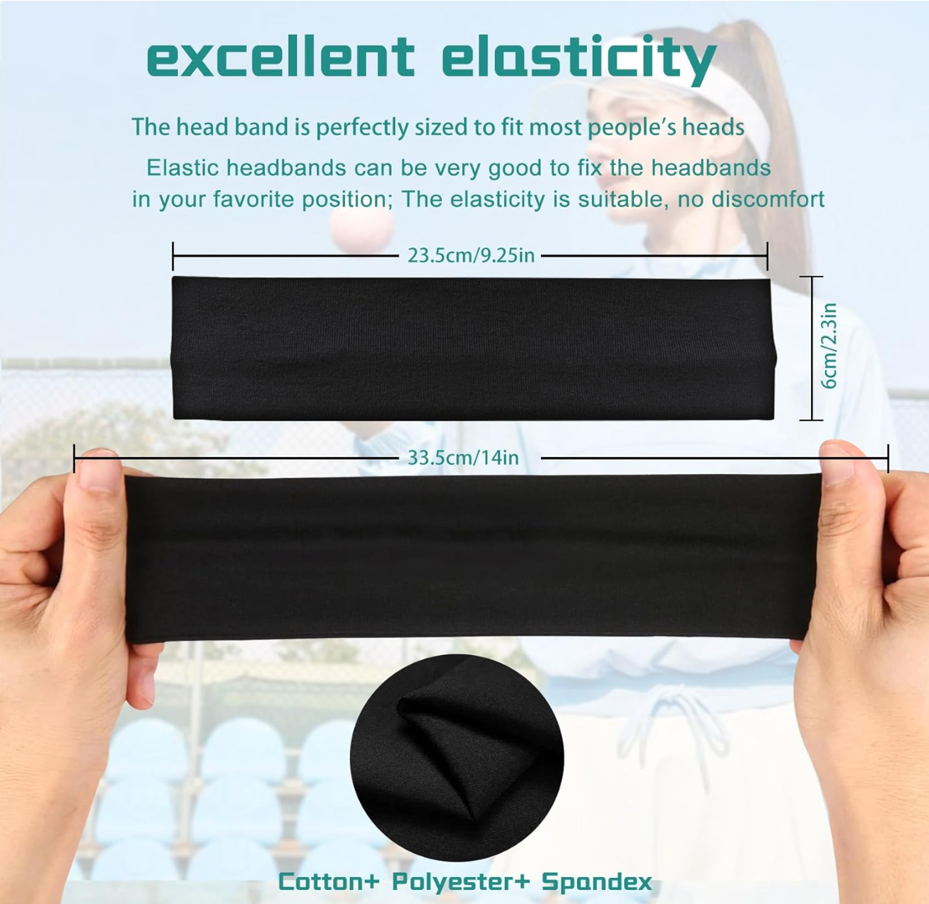 Beaute Mafia black non-slip headband with measurements and text about elasticity and material composition.