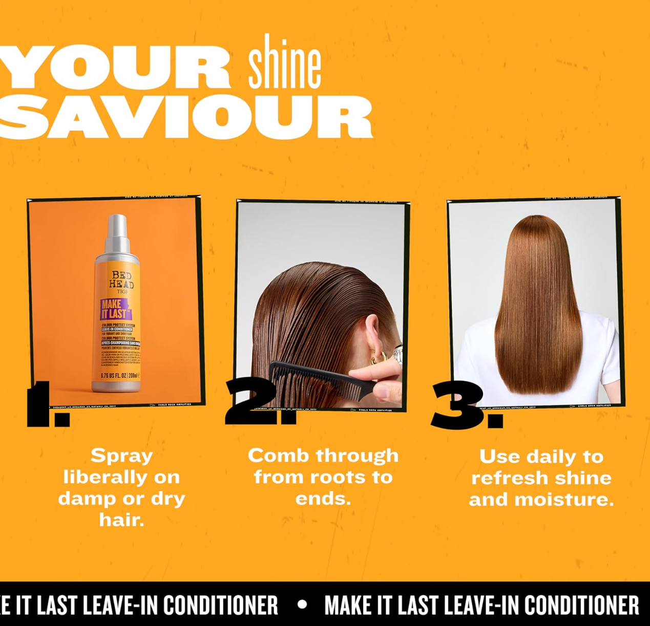 Advertisement for a leave-in conditioner with steps on how to use it, featuring a bottle and a woman with long hair.