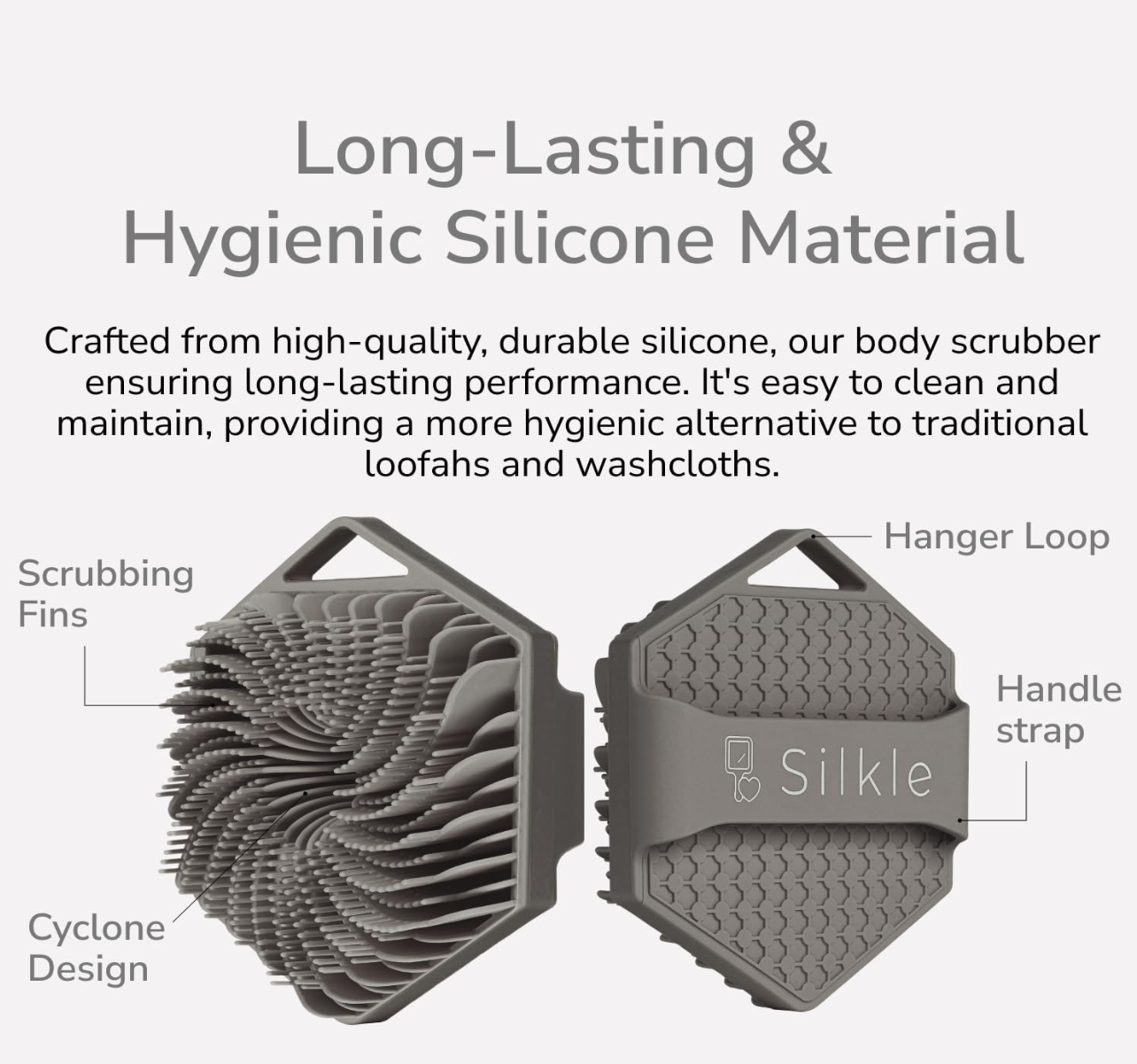 Silicone body scrubber with labeled parts on a white background