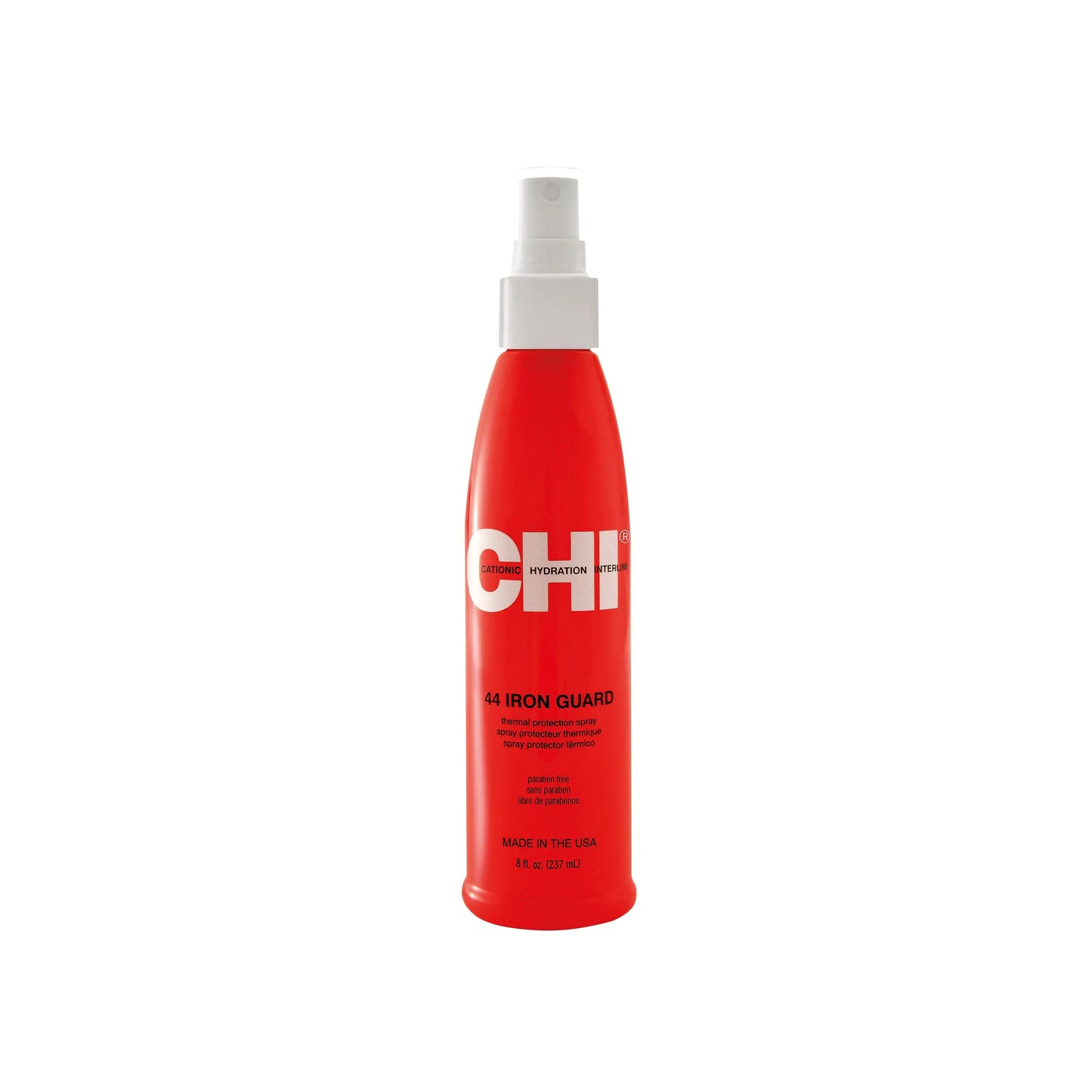 Red spray bottle with 'CHI' branding on a white background