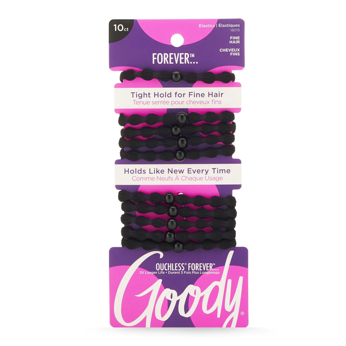 Pack of black hair elastics on a Goody branded card with purple and pink design.