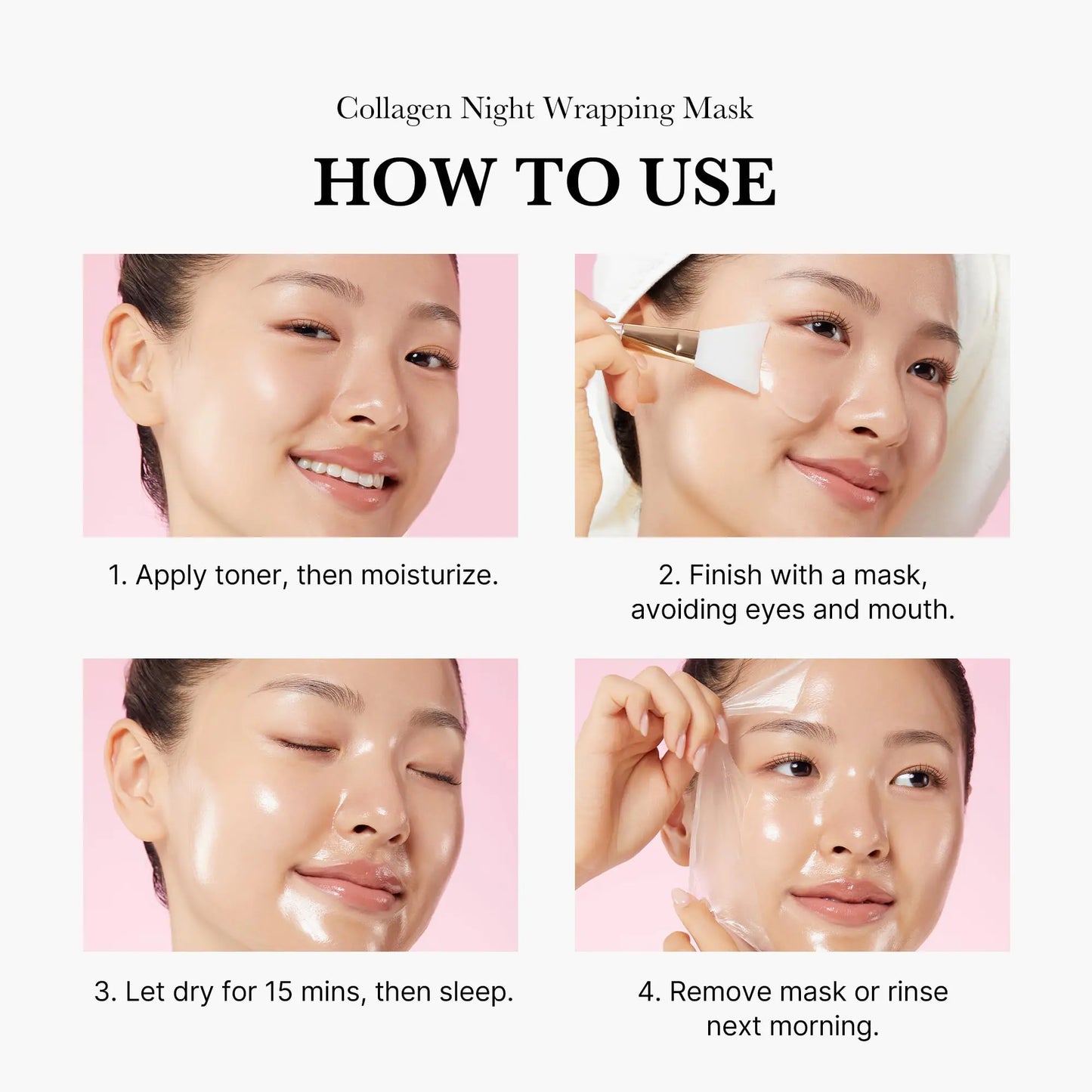 Medicube Collagen Night Wrapping Mask informational image with text 'how to use' includes 4 separate image illustrating the steps.
