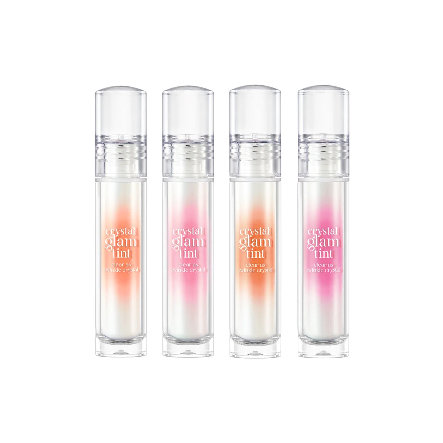 CLIO Crystal Glam Tint 3.4g full shade range displaying glossy tones with a smooth glass like finish