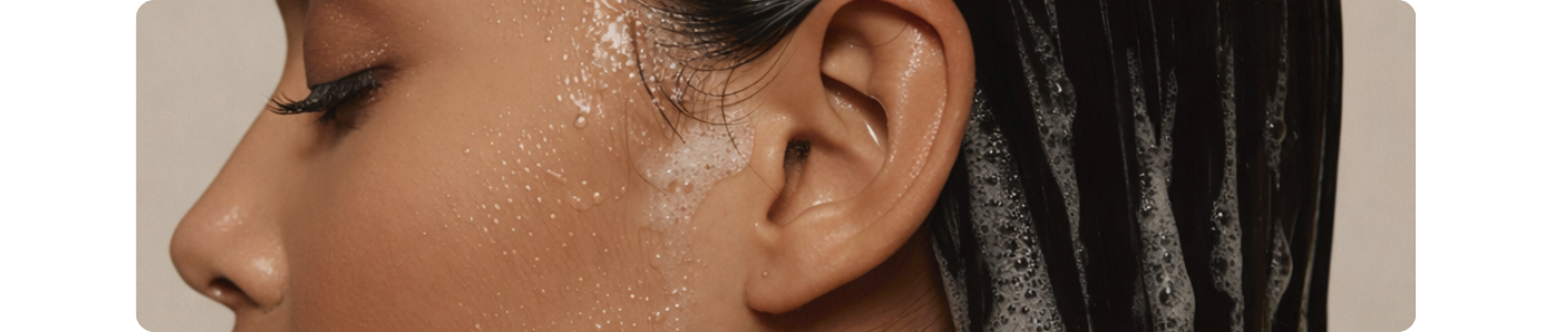 Editorial beauty close-up with water droplets representing cleansing and refreshed skin