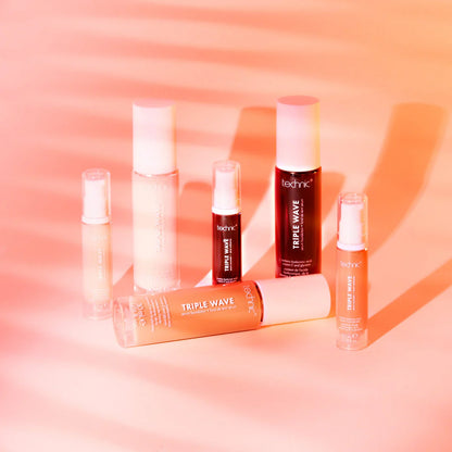 Different shades of Technic triple wave serum concealers, hydrating, brightening, hyaluronic infused, radiant pink background