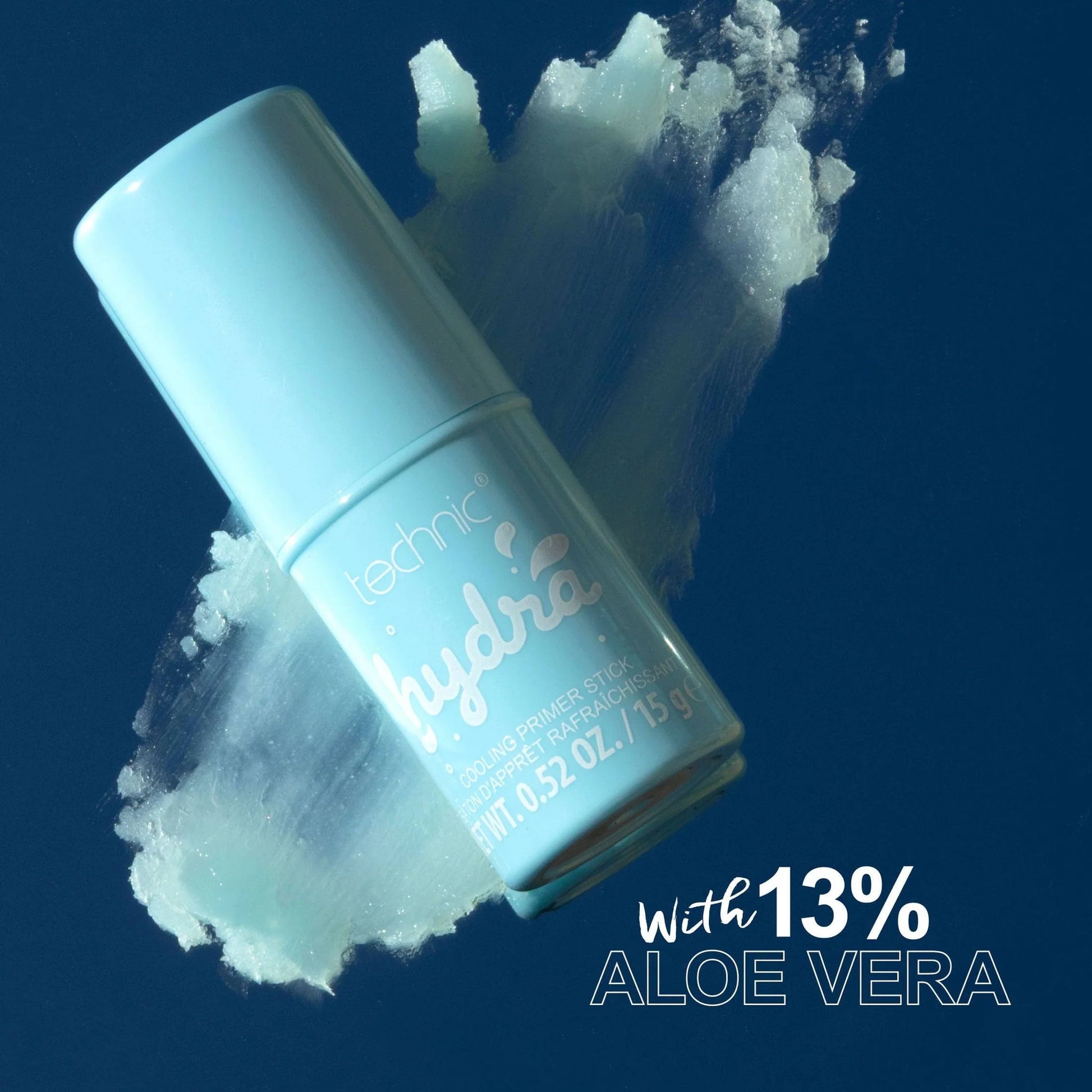 Technic Hydra Cooling Primer Stick 15g smeared texture highlighting cooling formula smooth glide and hydrating finish with Aloe Vera