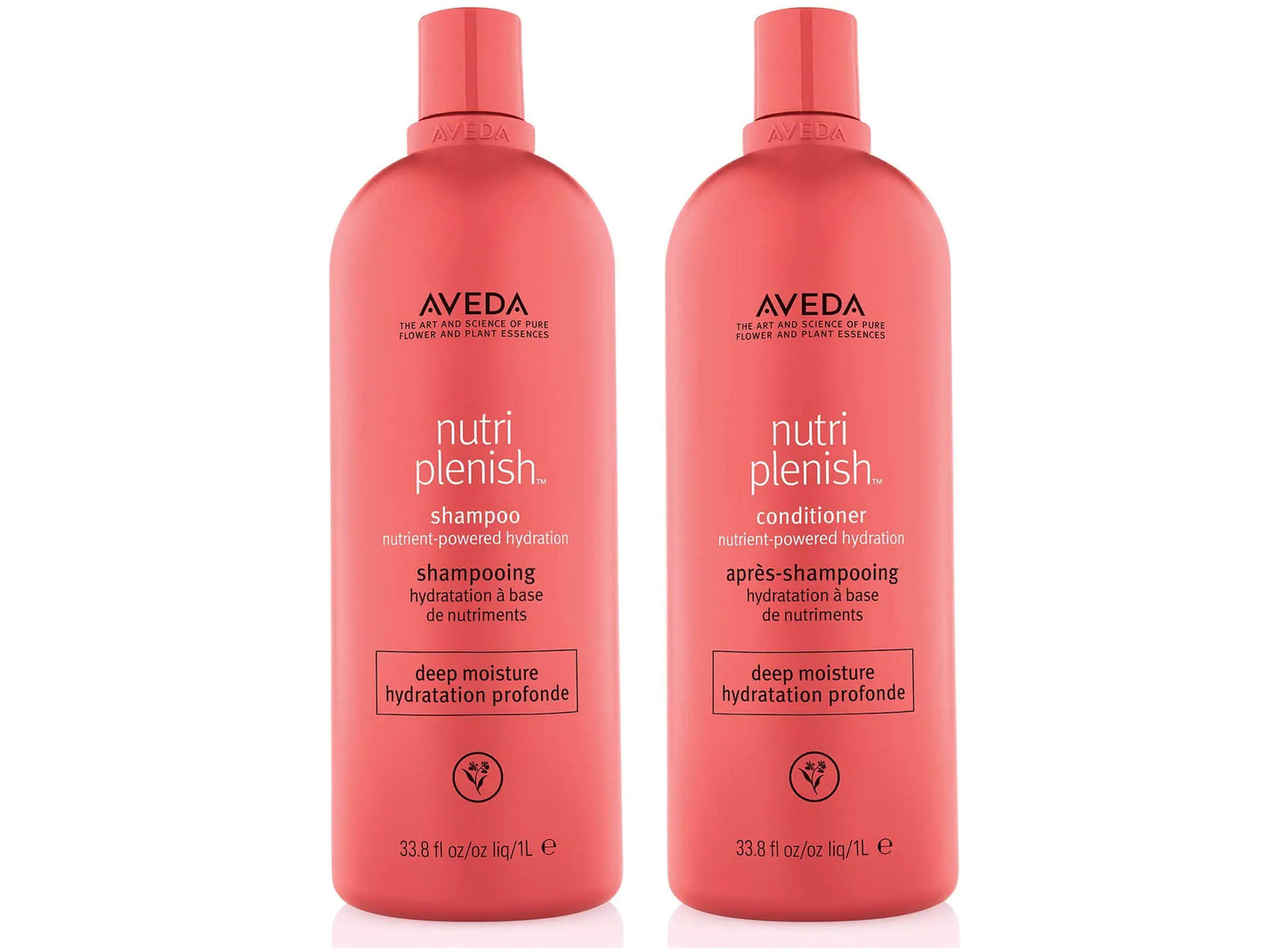 Two Aveda Nutriplenish shampoo and conditioner bottles on a white background