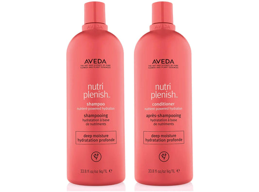 Two Aveda Nutriplenish shampoo and conditioner bottles on a white background