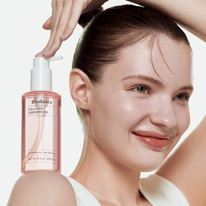 Biodance Collagen Cleansing Oil 200ml worked into the skin with hands to remove makeup and cleanse thoroughly