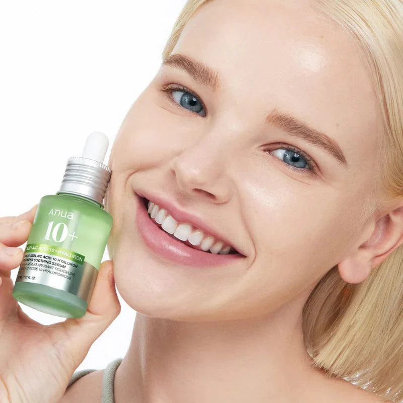 ANUA Azelaic Acid 10 Hyaluron Redness Soothing Serum 30ml applied to skin to calm irritation and maintain an even complexion