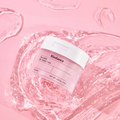 Biodance Collagen Gel Toner Pads pressed onto skin delivering hydration and a smooth refined feel 60 pads
