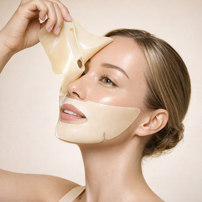 Model wearing rubber mask with smooth, refreshed skin reflecting improved brightness and clarity