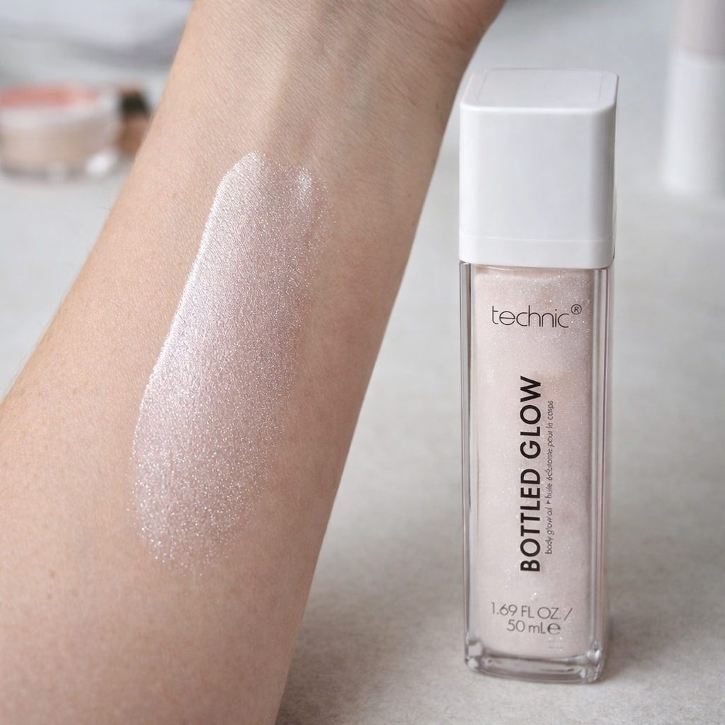 Technic Sundrenched Bottled Glow 50ml applied to skin for enhancing glow and creating luminous complexion