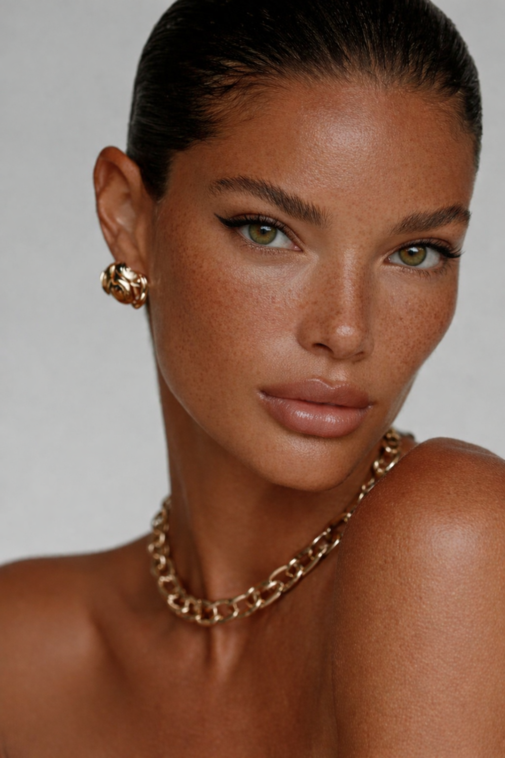 Editorial beauty portrait with luminous skin and elevated gold jewellery
