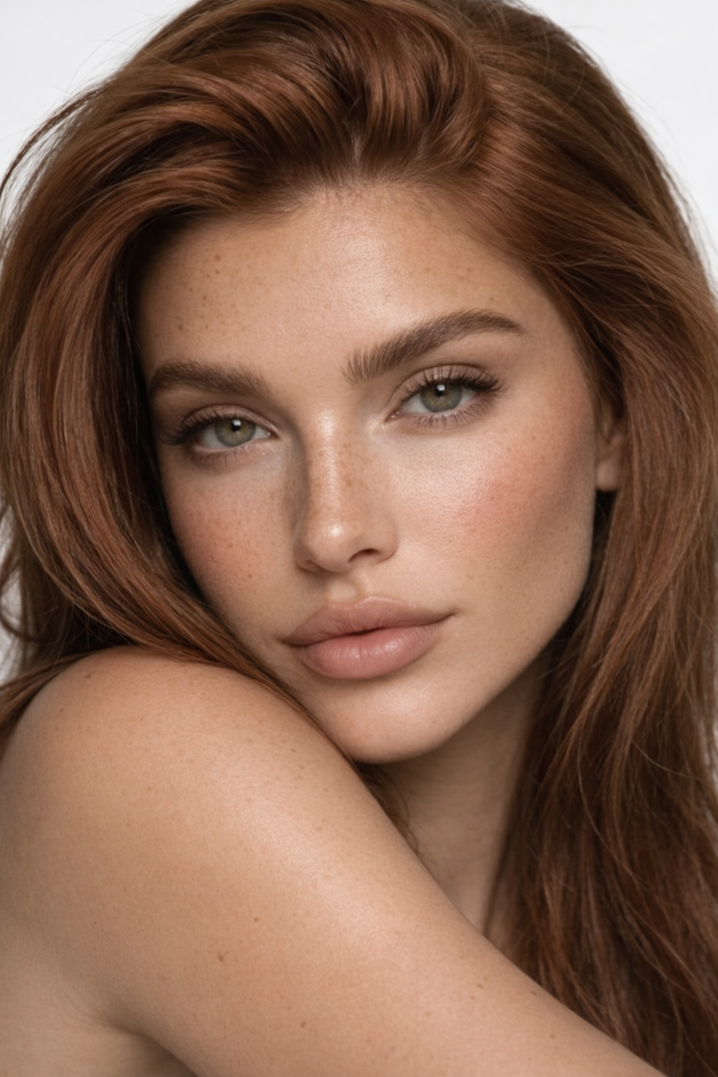 Editorial beauty portrait with radiant natural skin and soft neutral tones