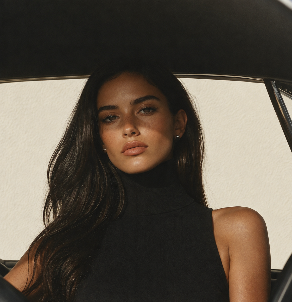 A woman with long dark hair sits inside a car, wearing a black sleeveless mock-neck top. The photo is taken from a close-up angle with warm natural light highlighting her face and the black fabric of her top.