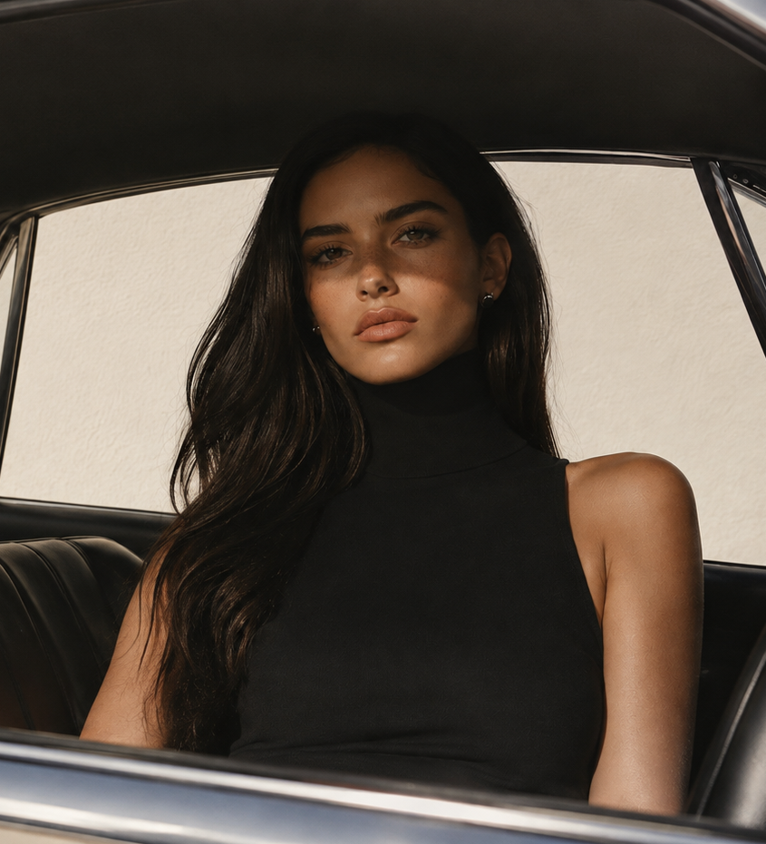 A woman with long dark hair sits inside a car, wearing a black sleeveless mock-neck top. The photo is taken from a low angle through the car window, with warm natural light highlighting her face and the black fabric of her top.