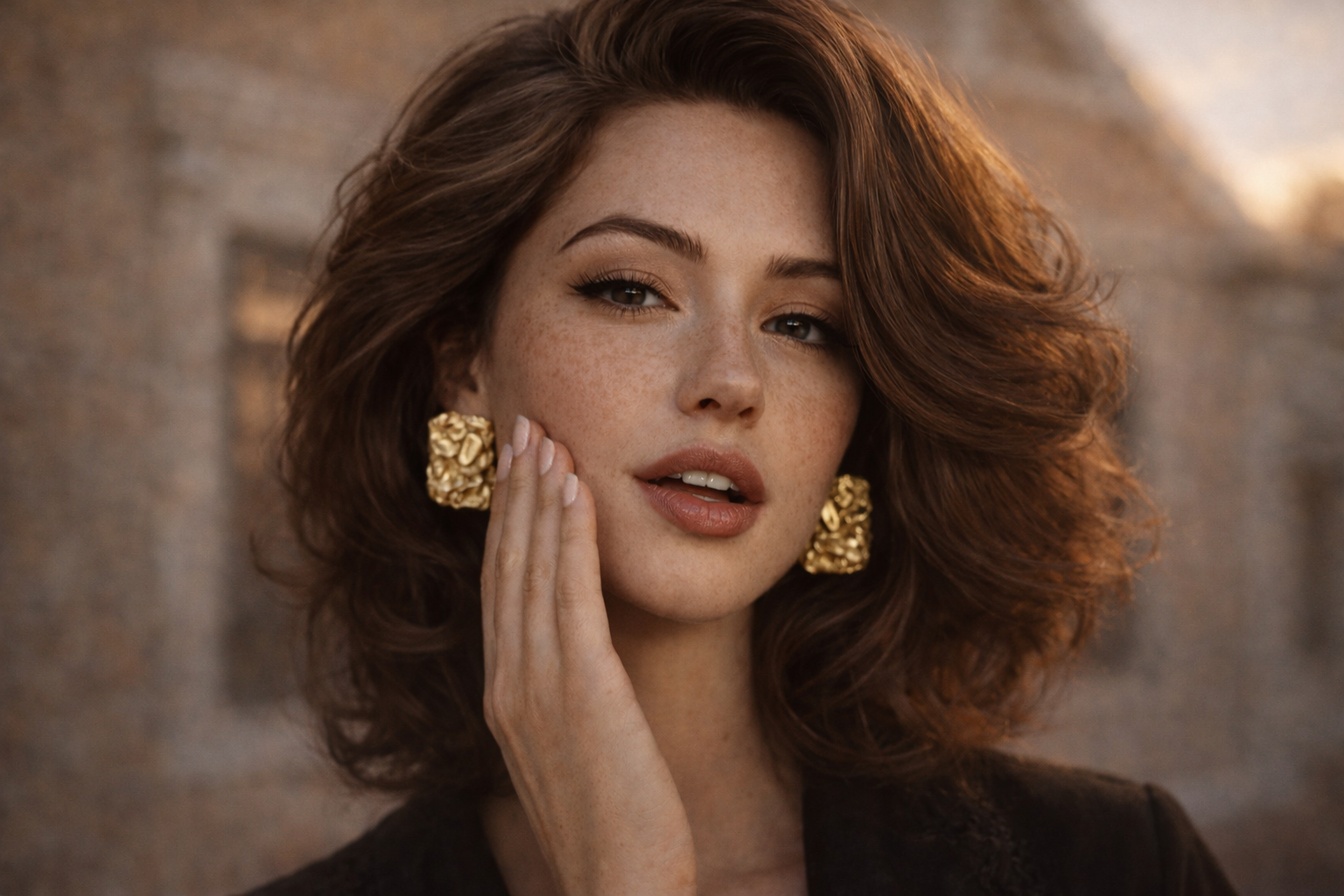 Editorial beauty portrait of woman with soft glowing skin and statement gold earrings