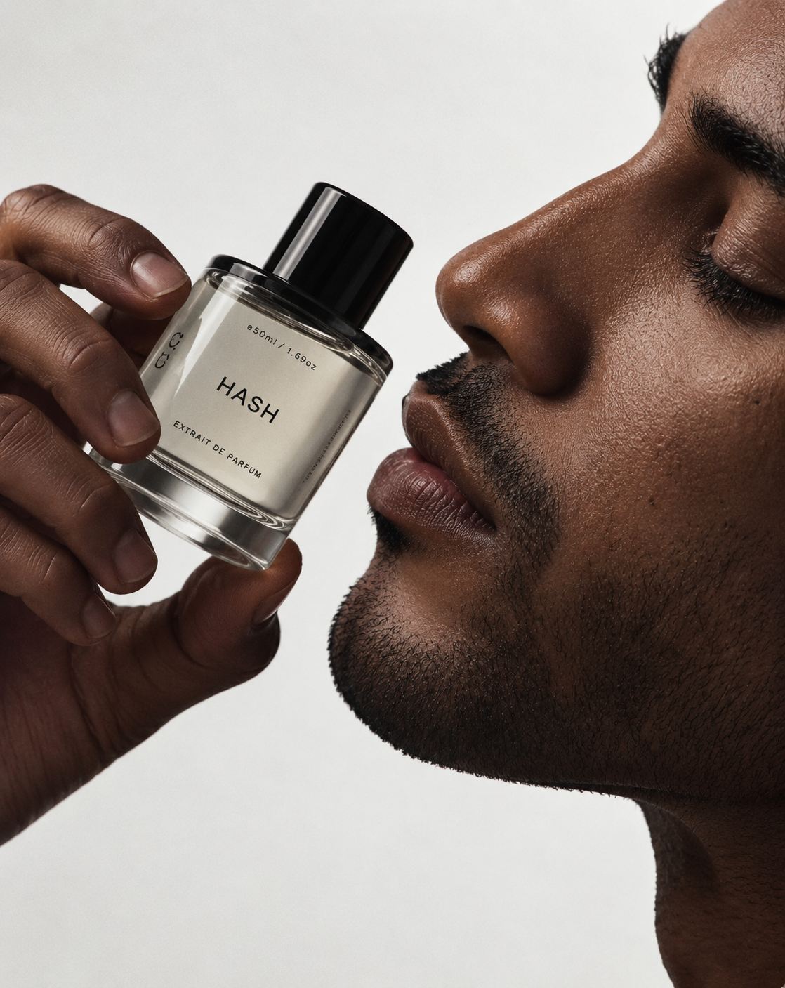 Black guy holding solid state hash fragrance near his face. 