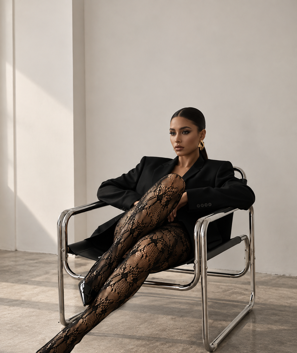 A model sits in a modern metal chair wearing a black blazer, black lace tights, and black pointed-toe heels in a minimalist studio setting.
