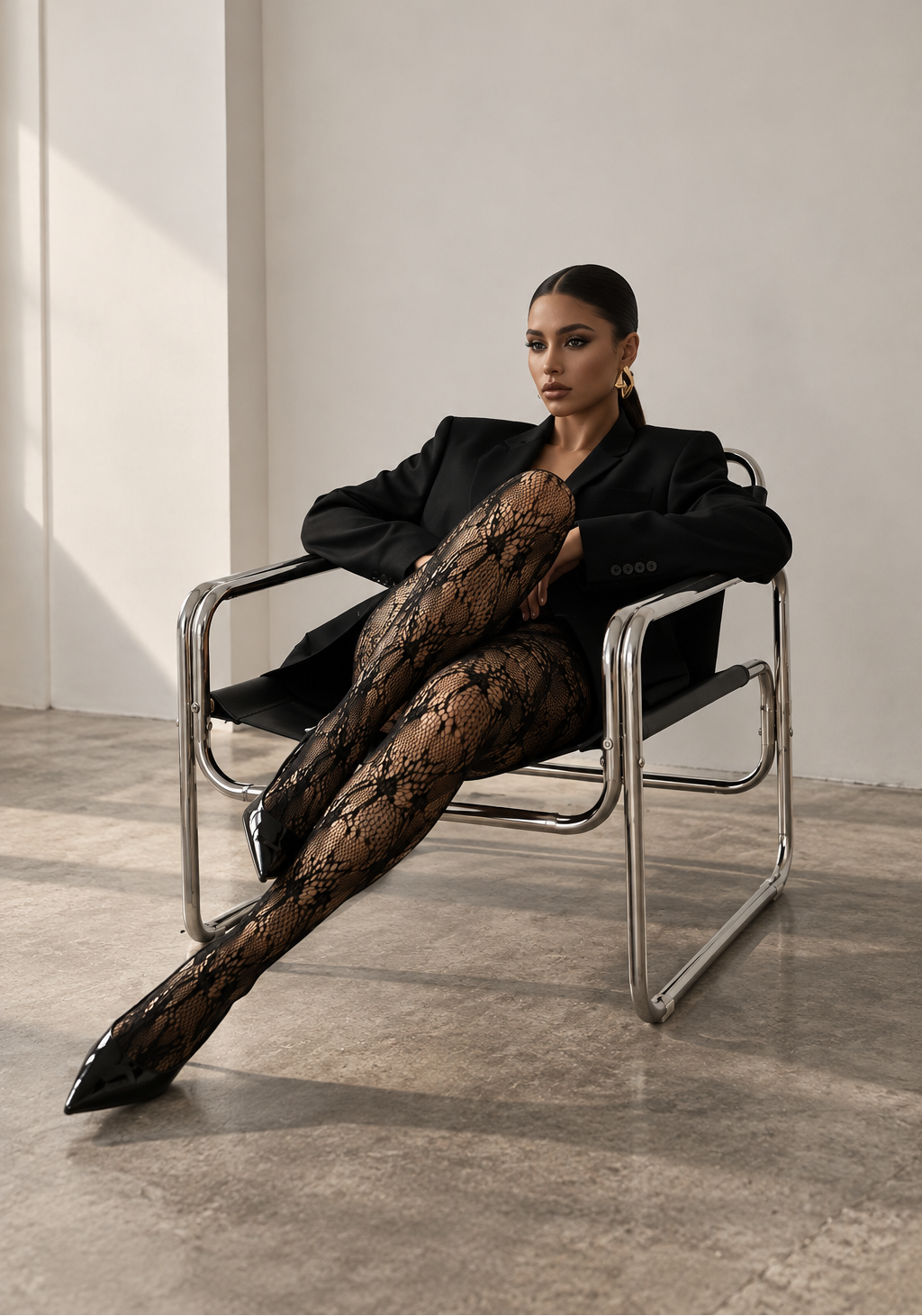 A model sits in a modern metal chair wearing a black blazer, black lace tights, and black pointed-toe heels in a minimalist studio setting.