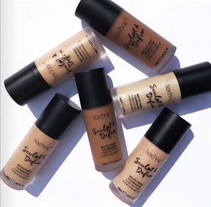 Technic Sculpt and Define Matte Foundation 30ml shade range showing multiple tones from fair to deep for smooth matte coverage