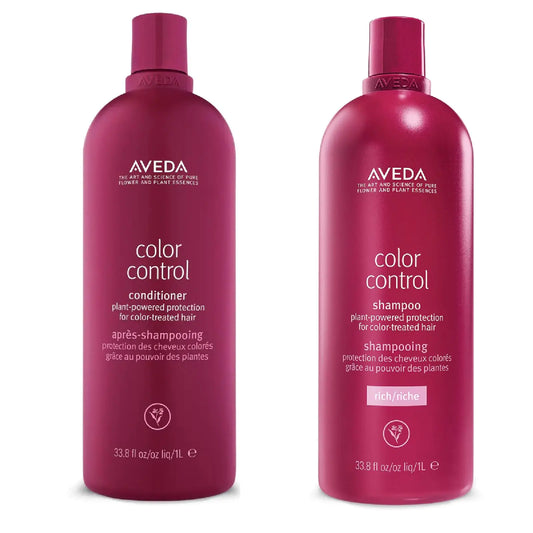 Two Aveda Color Control shampoo and conditioner 1L bottles on a white background