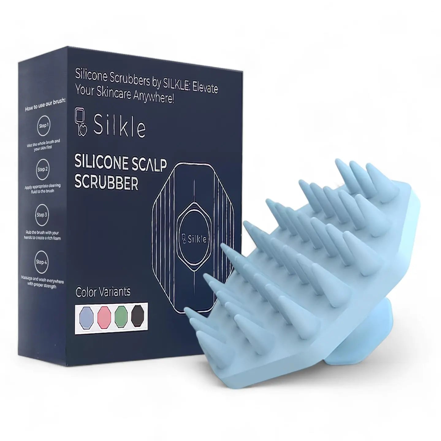 Silkle blue Silicone scalp scrubber with packaging on a white background