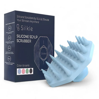 Silkle blue Silicone scalp scrubber with packaging on a white background