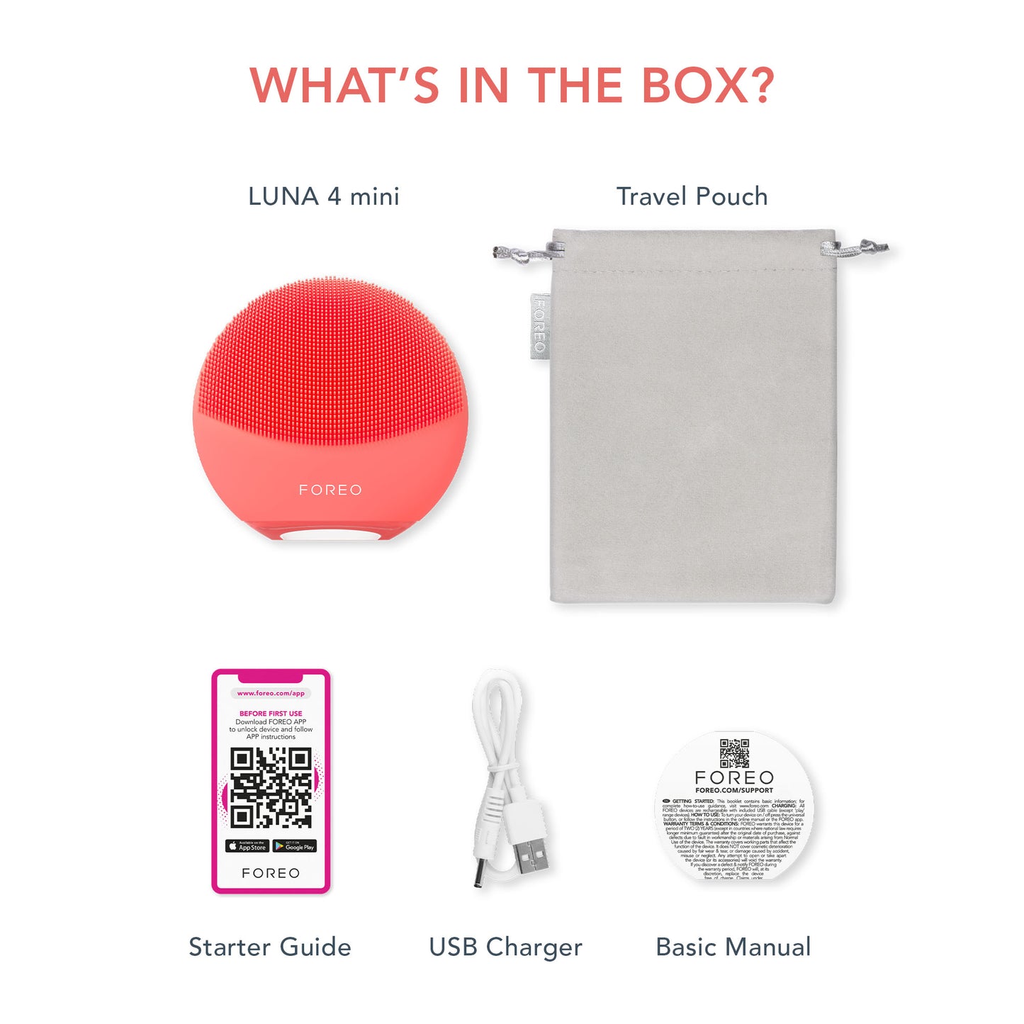FOREO LUNA™ 4 mini in Coral silicone cleansing device with a vibrant, modern finish