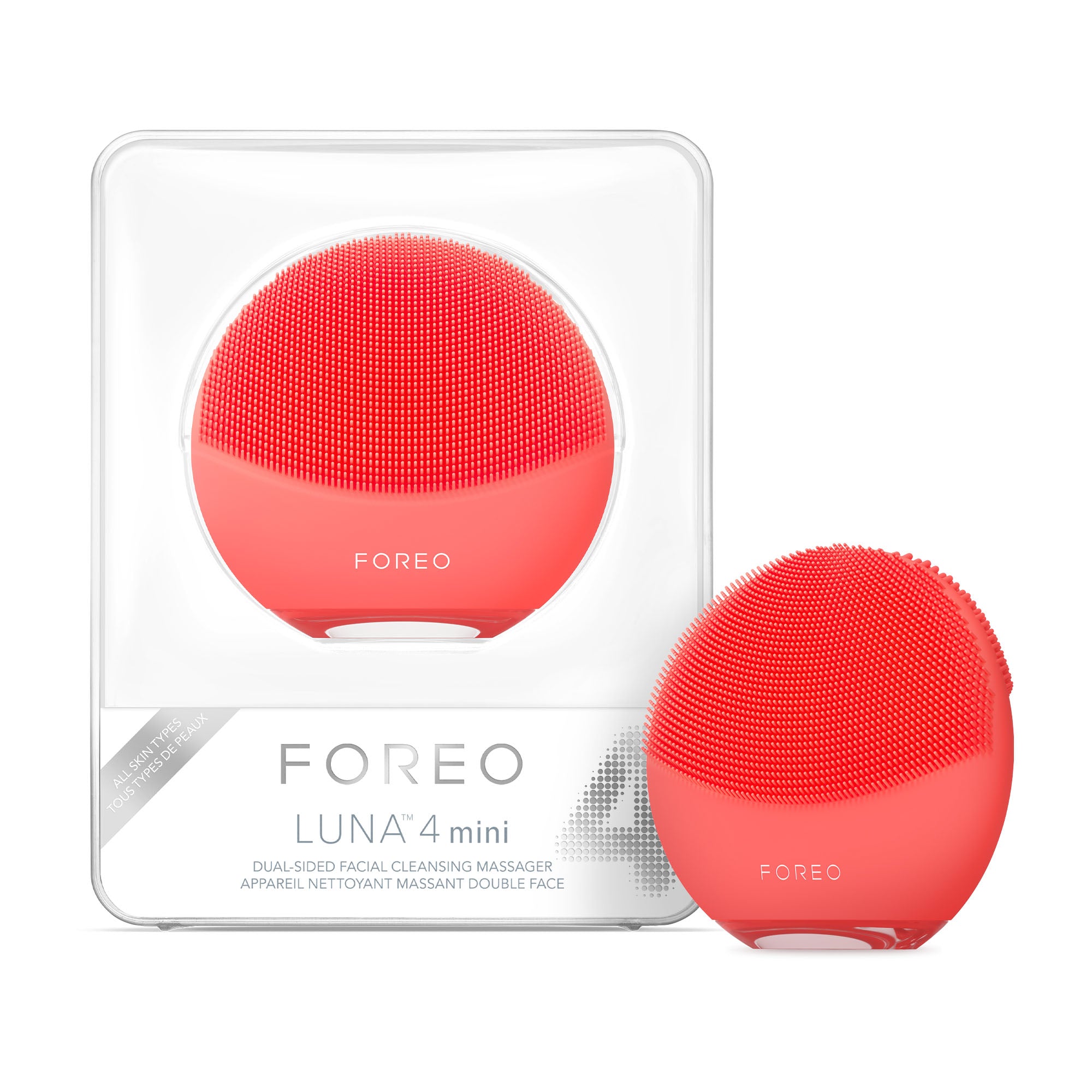 FOREO LUNA™ 4 mini Coral compact facial cleansing device designed to deeply cleanse and refine skin texture