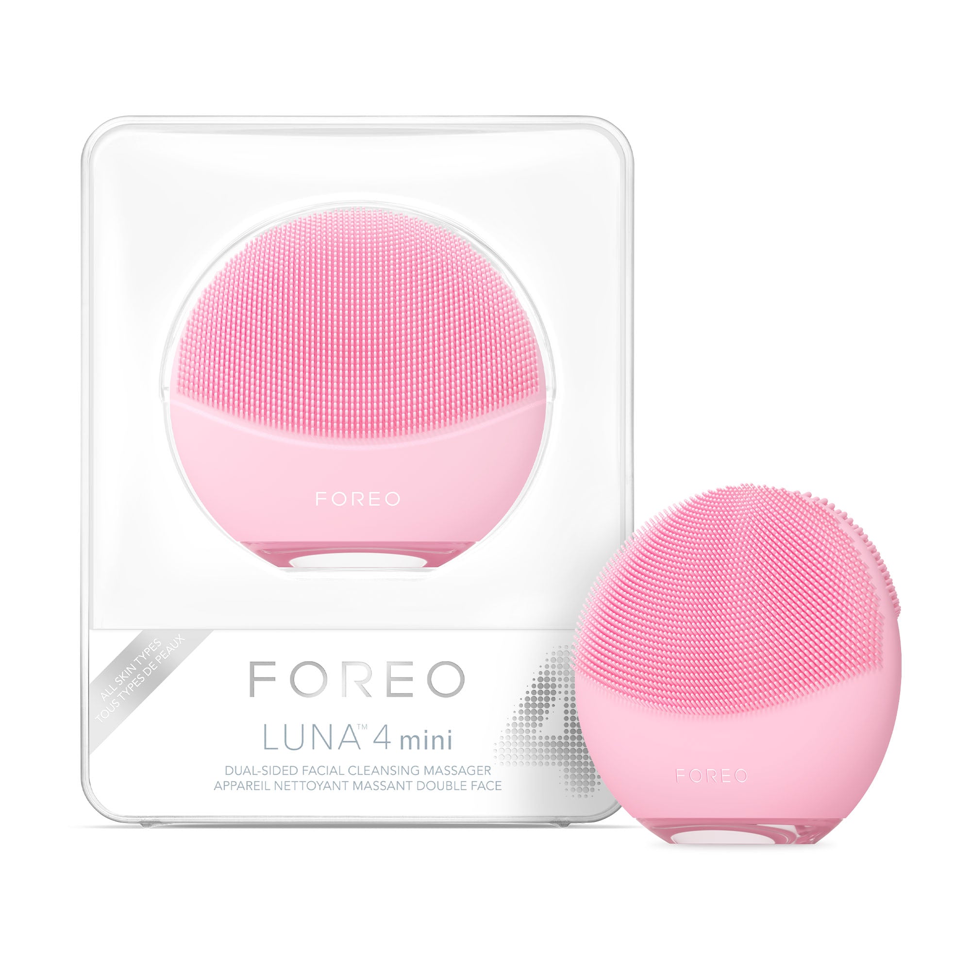 FOREO LUNA™ 4 mini Pearl Pink compact facial cleansing device designed to cleanse and smooth the skin