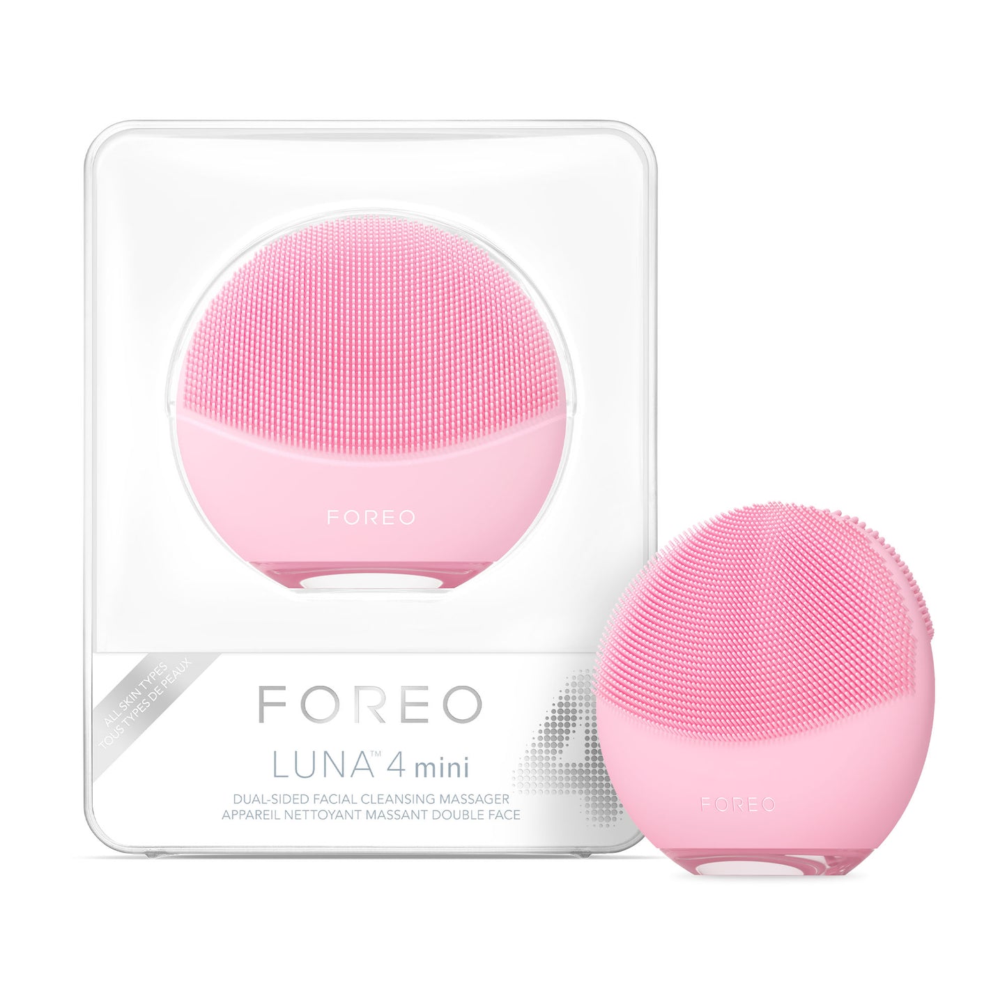 FOREO LUNA™ 4 mini Pearl Pink compact facial cleansing device designed to cleanse and smooth the skin