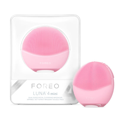 FOREO LUNA™ 4 mini Pearl Pink compact facial cleansing device designed to cleanse and smooth the skin