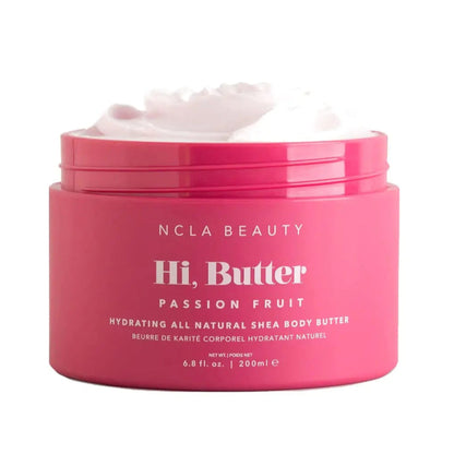 Pink jar of NCLA Beauty Hi, Butter Passion Fruit body butter on a white background