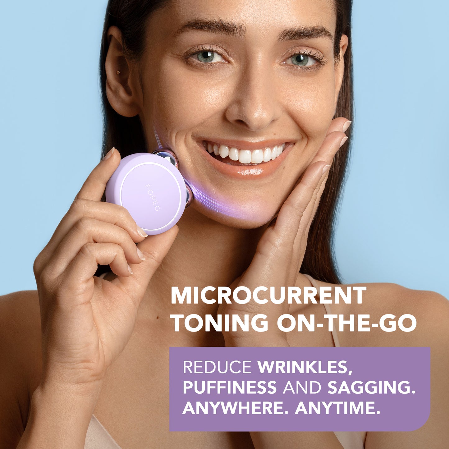 FOREO BEAR™ 2 go in Pistachio and Lavender styled in a clean, modern composition highlighting advanced skincare technology