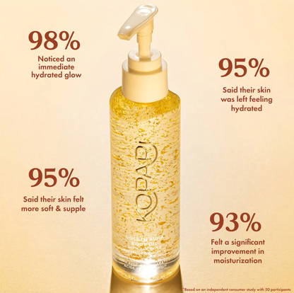 Kopari golden aura body oil with customer feedback on a beige background