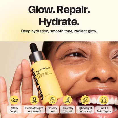 Yellow skincare bottle held by a hand with product features listed below.