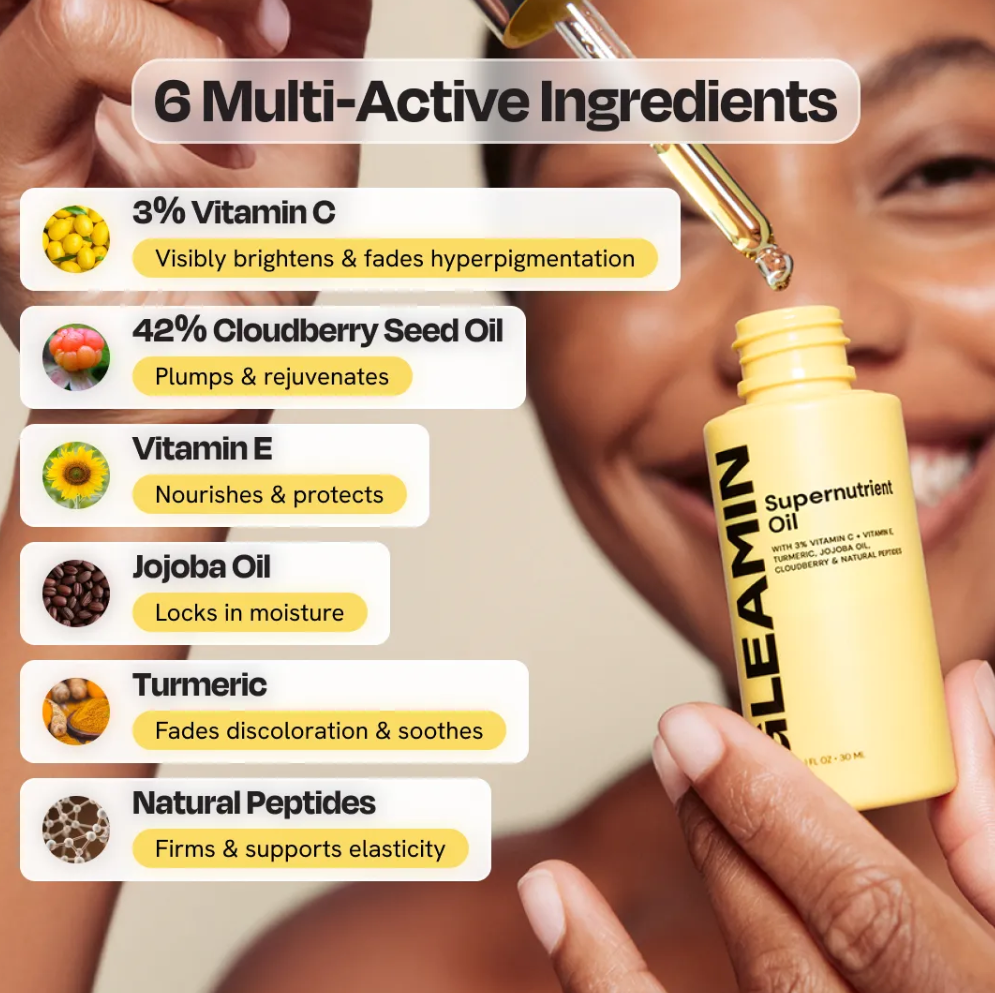 Supernutritive oil bottle with a dropper and list of ingredients on a blurred background