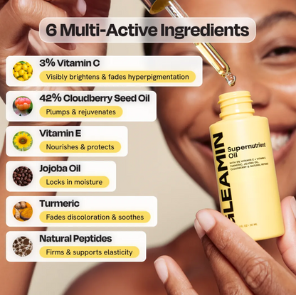 Supernutritive oil bottle with a dropper and list of ingredients on a blurred background