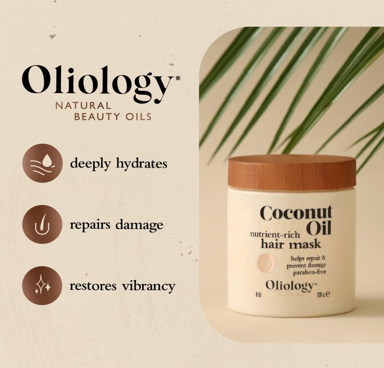 Oliology Coconut Oil hair mask jar with benefits on a beige background