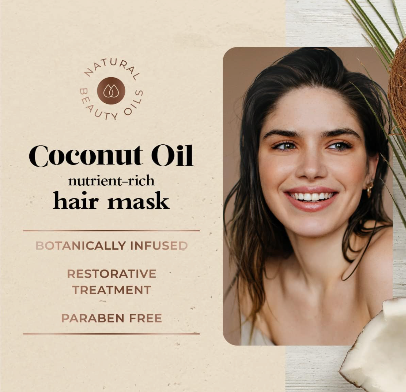 Advertisement for Oliology coconut oil hair mask with a woman and product on a beige background